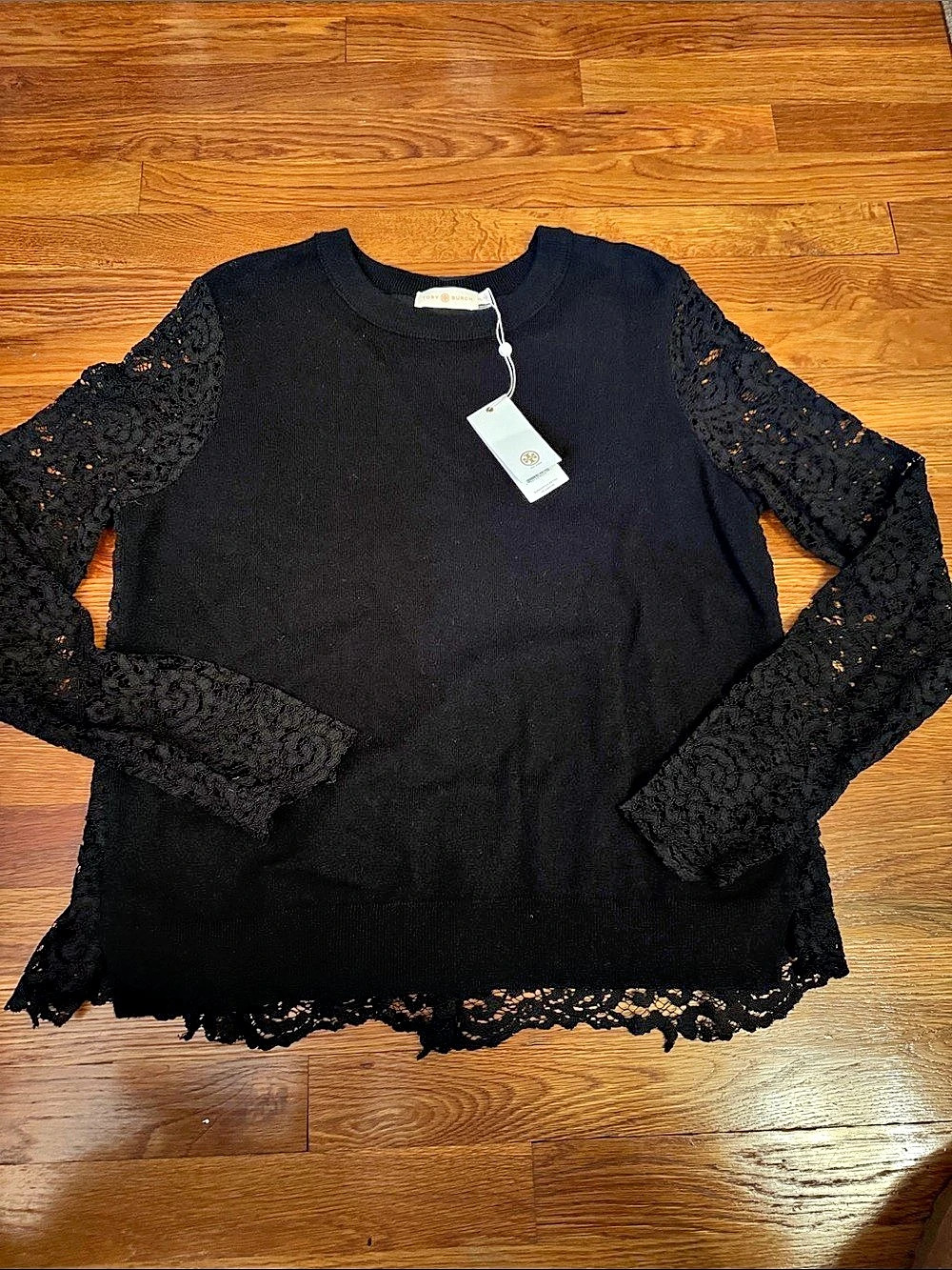 Tory Burch Black merino wool front, Lace back and Sleeves back Peplum Top XL NWT